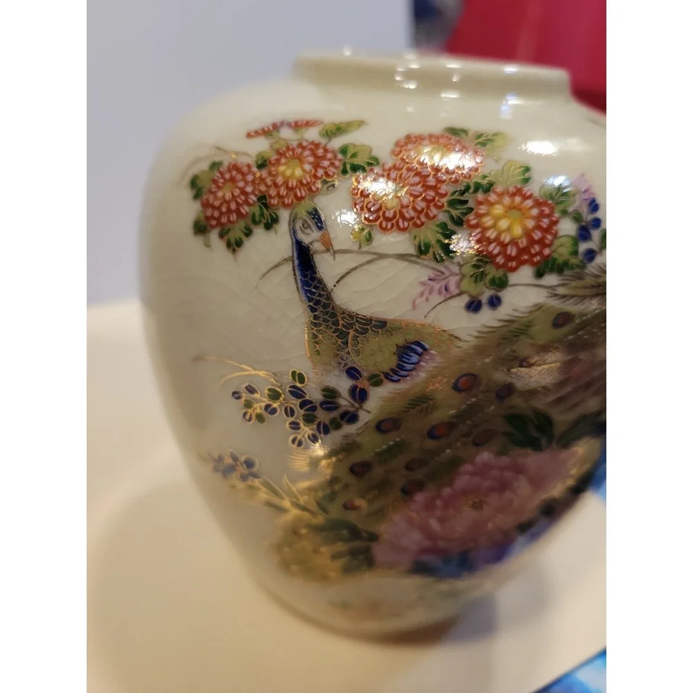 Vintage‎ Crackle Vase Set -2 with Peacock & Floral Design